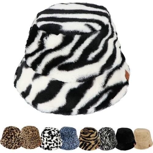Women Hats Faux Fur Cow Zebra Print Bucket Hats Outdoor Warm Thick Soft Foldable hat Gorro Lady Winter Panama Fisherman Caps