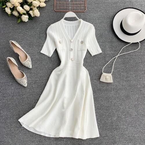 Summer 2019 White Black SIngle Breasted Women Knitted Dress Elegant Short Sleeve High Waist Knit Dress Casual Verano Vestidos
