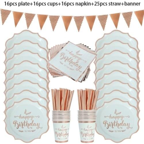 Rose Gold Birthday Disposable Tableware Paper Cups Plates Straws Wedding Baby Shower Anniversaire Wedding Decor Party Supplies