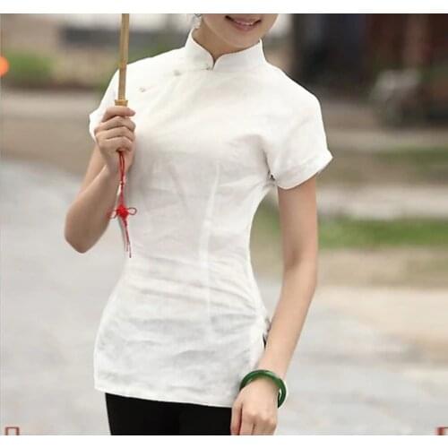 Shanghai Story New arrival woman chinese traditional top mandarin collar cheongsam white tranditional Linen blouse