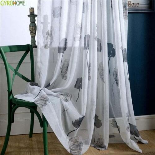 Modern Ink Lotus Foral Tulle Curtains For Living Room Window White Sheer Voile Organza Bedroom Drapes