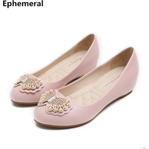 Women Increasing Shoes Wedges Latex Sold Microfiber Low Heel Pumps Round Toe Plus Size 34 40 Pink Black Sweet Crystal Butterfly