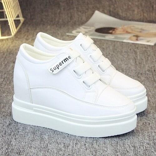 Inner increase small white shoes spring new all-match casual shoes sports shoes slope heel velcro plus size womens shoes