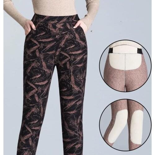 2021 Autumn Winter Fashion Plus Velvet Leggings Female Large Size Printing Flowers Thick Warm Pants Ladies Casual Trousers Z547