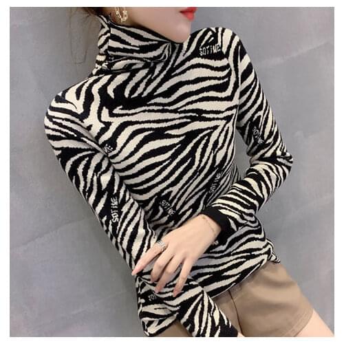 Woman Sweaters Zebra Pattern Turtleneck Top Womens Autumn and Winter Long Sleeve Skinny Knitted Top Inner Wear Sweater