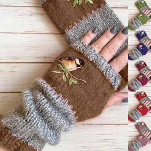 Women Winter Knitted Fingerless Gloves Bird Embroidered Color Block Splice Half Finger Mittens Outdoor Driving Thumb Hol