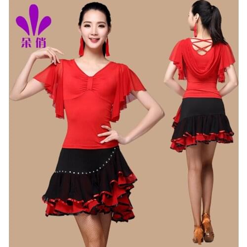 Lady Latin Dancing Suit Plus Size Women Square Dance Clothing Set Top Skirt Female New Summer Chiffon Skirt Dance Costume B-4294