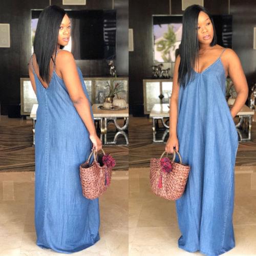 Women´s Boho Casual Denim Jeans Sling V-neck Sundress Ladies Backless Midi Dress