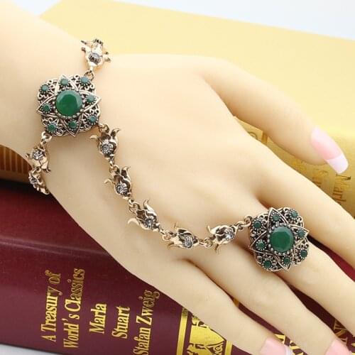 New Turkish Ring&Bracelet Jewelry Sets For Women Antique Gold Color Resin Bracelet Adjustable Size Ring Ethnic Hand Back Chain
