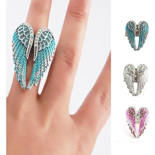 Punk Style Full of Rhinestone Angel Wing Ring Fashion Women Statement Jewelry Gifts Rings Size Adjustable