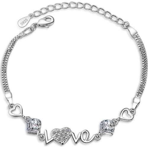 925 Sterling Silver Double Layer Crystal Round Heart Shape Charm Bracelet &Bangle For Women Adjustable Box Chain Jewelry sl078