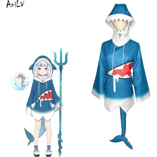 AniLV Anime Hololive English Gawr Gura Baby Shark Costume Cosplay Uniform Set Hat Hooded Cloak Tail Clothes