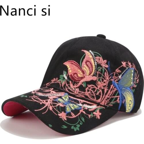 Nanci si Women Fashion Flower Butterfly Baseball Cap Girls Embroidery Cotton Snapback Hat Bone Casquette Female Summer Cap