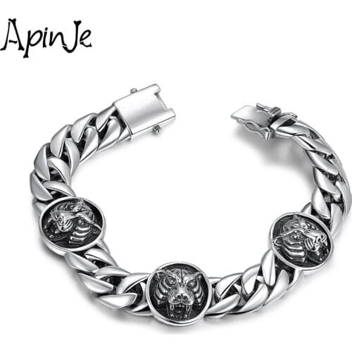 Apinje New Personality Men 925 Sterling Silver Bracelet Fashion Jewelry Gift Tiger Width Silver Chain