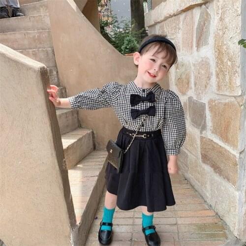 Girls Suit Children Plaid Bow Knot Shirt with Half Skirt Two-piece Suits Spring and Autumn College Style Long Sleeve Cotton Set