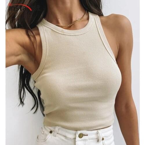 InstaHot Basic Solid Women Tank Top Summer 2021 Fashion Slim Crop Top Casual Rib Knitted Streetwear Sleeveless Leisure Tee Top