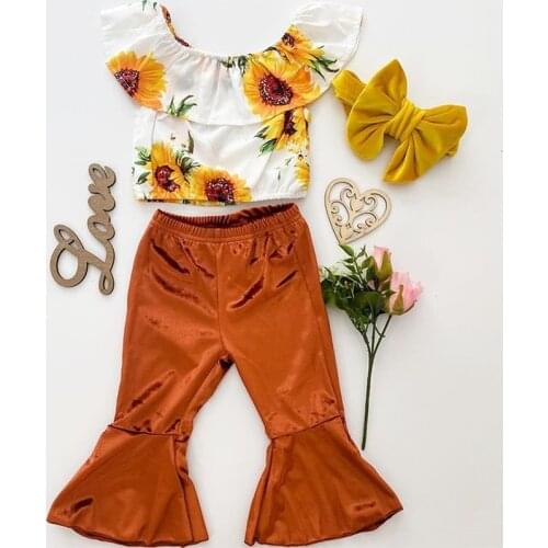 2Pcs Toddler Baby Girls Clothes Set Sunflowers Printed Off Shoulder Top Flare Pants Outfits Children Girls Costumes Summer