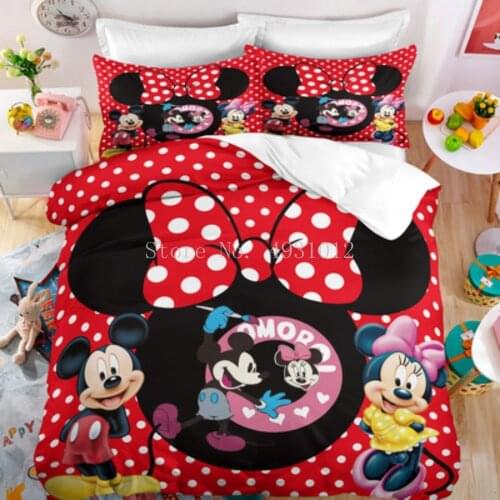 Disney Red Mickey Minnie Mouse Bedding Set Boy Girl Comfortable Duvet Cover With Pillow Cases Children Kids Teen Bedspread