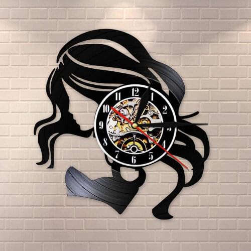 Sign Retro Wall Clock Beauty Lady Hair Salon Business Made Of Vinyl Record LP Hair Care Beautiful Woman Barber Wall Clock Watch