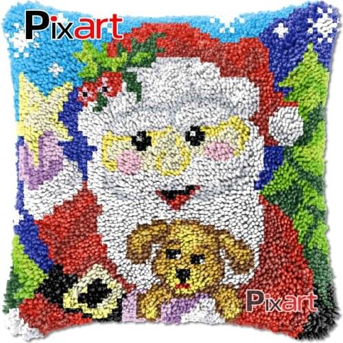 Latch Hook Cushion Cover Santa with Dog Mat Plush Crocheting Pillowcase Chunky Yarn Needlework Knitted Carpet Rug Hobby & Crafts