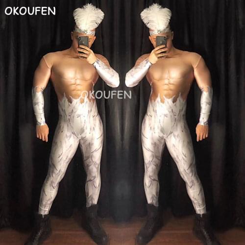 Nightclub male singer DS white feather simulation muscle one-piece suit costume New Year Christmas costume