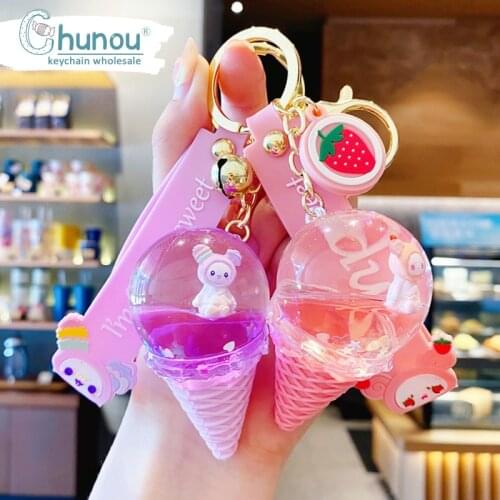 New Creative Crystal Ice Cream Cute Keychain Luxury Floating Cute Moving Liquid Quicksand Key Ring For Women Bag Pendant Keyfob