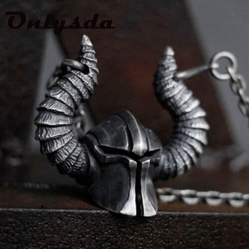 Onlysda Charms The helmet of Mars Pendant Necklace Mens Fashion Biker Punk Steel Chain Viking Jewelry Antique Halloween Gift