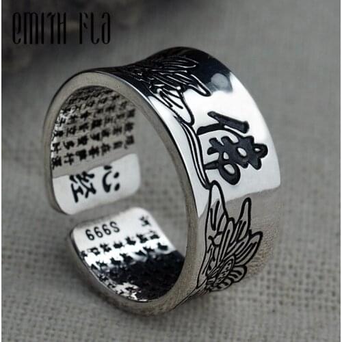 Genuine 100% 925 Sterling Silver Vintage Letter Buddhism Lotus Flower Open Rings Fashion Jewelry