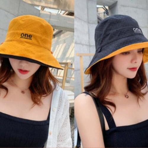 Cotton Double-Sided Letter Embroidery Fisherman Hat For Women Outdoor Fishing Cap Casual Panama Bucket Cap Sunscreen Sun Cap