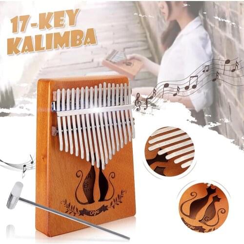 Simple Cat/ Eletric Pick-up 17 Keys Thumb Piano Solid Mahogany Body Finger Piano Musical Instrument To
