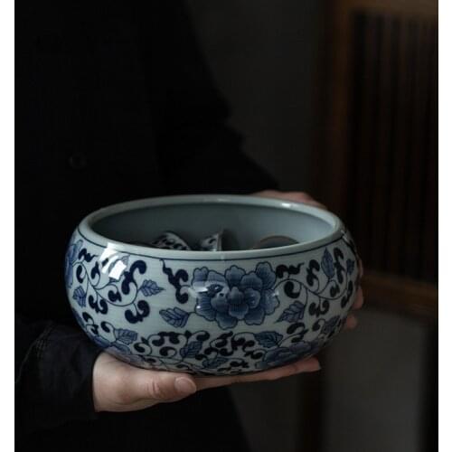 Jingdezhen Blue and White Porcelain Tea Wash Large Size Ceramic Tea Wash Cup Wash Tea Basin Tea Slag Bucket Kung Fu Tea Ceremony