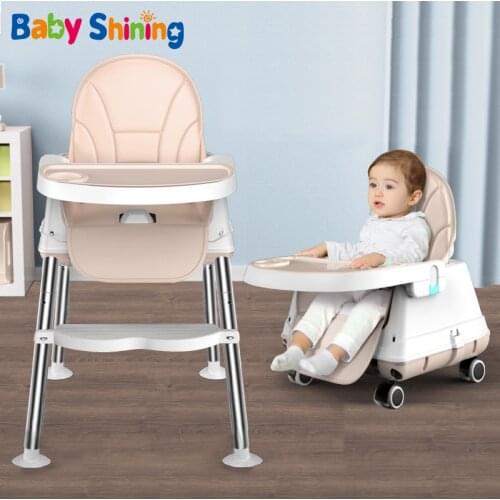 Baby Shining Highchair Dining Chair Feeding Chair Booster Seat With Wheel Feeding Seat Foldable Portable Soft PU Height-adjust