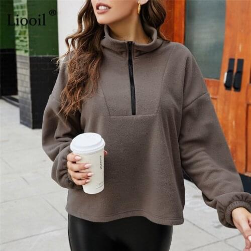 Liooil Streetwear Polar Fleece Sweatshirt Zipper Long Sleeve Loose Pullovers Casual For Women Autumn Winter Ladies Sweatshirt