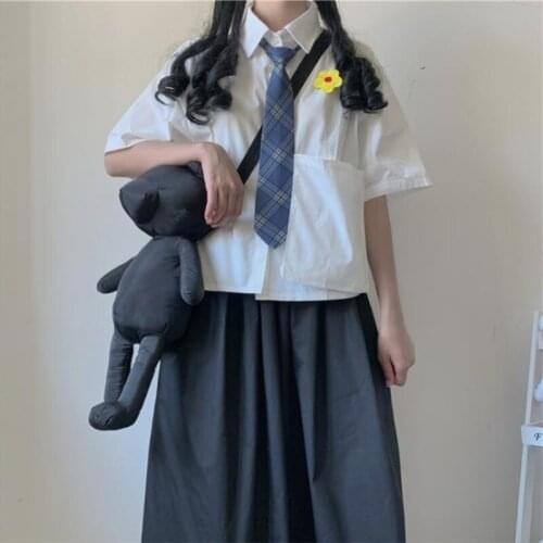 College Flower Embroidered All-match Short-Sleeved Shirt + Loose High Waist Slimming A-line Skirt japanese school girl uniform