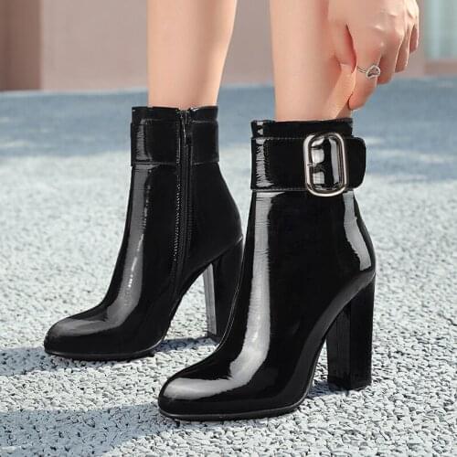 2021 Women Shoes PU Leather Elegant Round Toe Square High Heel Zipper Autumn Winter Casual Ankle Boots Big Size 34-43