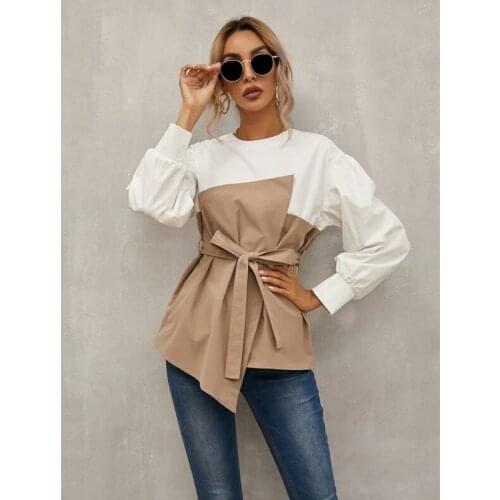 Woman Long Shirt Dress Women Autumn Solid Color Irregular Stitching Pullover Shirt 2021 Casual Chic Long Sleeves Top