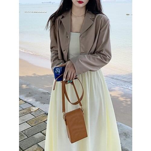 2021 Autumn Elegant Midi Dresses Women Korean Fashion Sweet Strap Dress+ Design Vintage Blazer 2 Piece Set Evening Party Dress