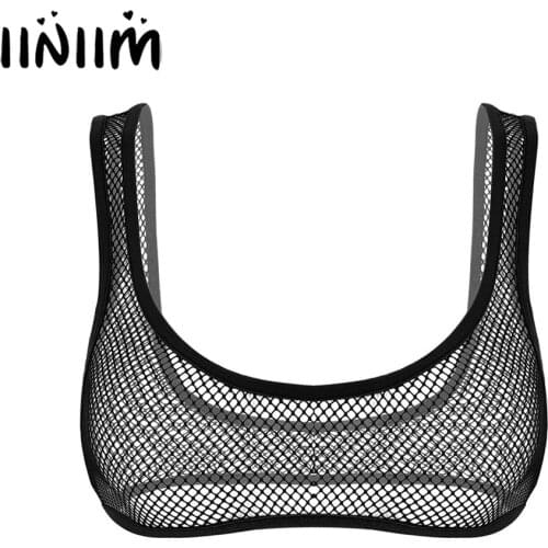 Womens Ladies Fetish Lingerie valentines Parties Exotic Tanks See Through Fishnet Hollow Out U-neckline Vest Crop Top Bra Top