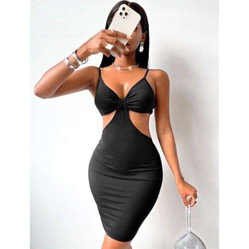 Women Summer Sleeveless Ribbed Dress Solid Color V-neck Spaghetti Strap Cutout Bodycon Slim Mini Dress
