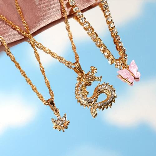 Flatfoosie Punk Hip-hop Dragon Crystal Pendant Necklace for Women Multilayer Gold Color Butterfly Choker Necklace Jewelry Gift