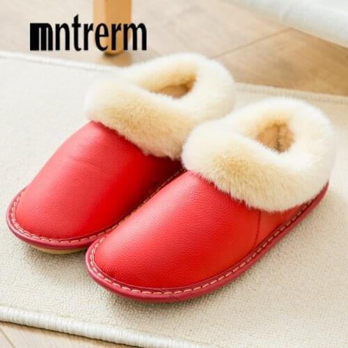 Mntrerm 2020 Winter Plush Warm Home Leather Slippers Non-Slip Thick Warm House Shoes Cotton Womens Slippers Couple Indoor Shoes