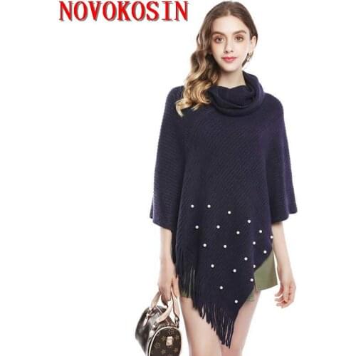 2021 Women Autumn Winter Triangle Outstreet Poncho Knitted High Neck Beaded Pearls Sweater Tassel Loose Pullover Knitwear