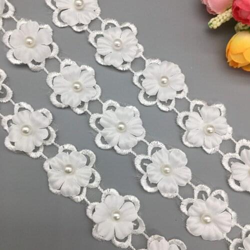50x Pearl Flower Organza Lace Trim Ribbon Fabric Embroidered Wedding Dress Applique Sewing Craft For Costume Hat Decoration