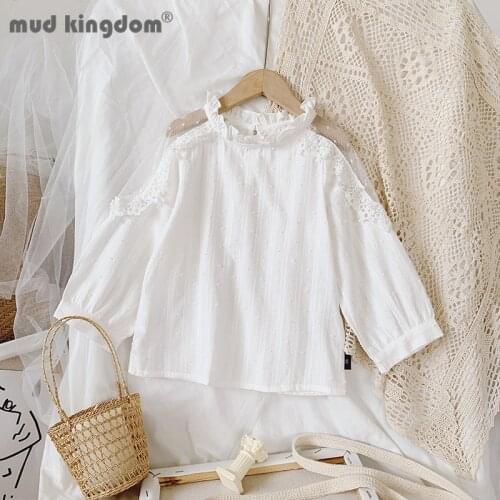 Mudkingdom Little Girl Blouses Lace Patchwork Solid Mock Neck Long Sleeve Casual Kids Shirt Girls Fashion Tops for Spring Autumn