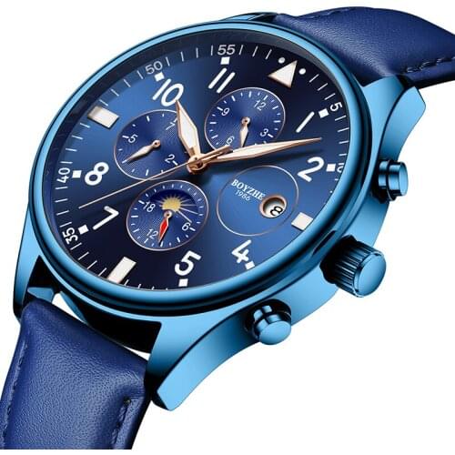 BOYZHE Men Automatic Mechanical Watch Top Brand Fashion Casual Leather Moon Phase Week Luminous Sports Watches relogio masculino