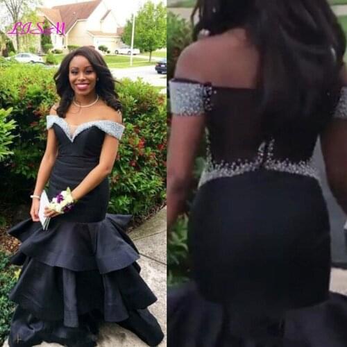 Crystal Mermaid Black Evening Dresses 2020 Off the Shoulder Beaded Long Formal Party Gowns Elegant Prom Dress