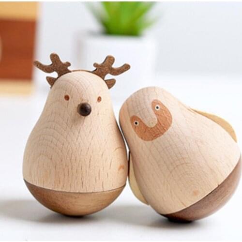 Deer Design Wooden Tumbler Statue Miniature Model Ornament Decor Children Toy Figurines Miniatures