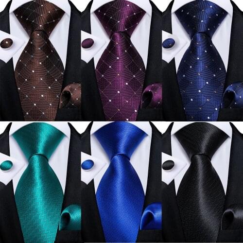 New Fashion Plaid Dot Mens Ties Wedding Party Solid Blue Red Black Neck Tie For Men Gift Tie Handkerchief Cufflinks DiBanGu