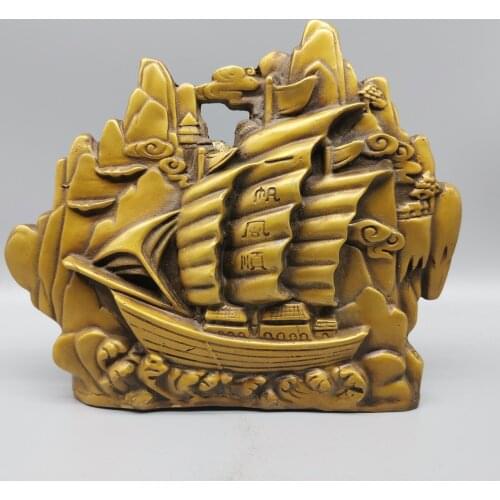 China FengShui Copper Sculpture Dragon Boat yi fan feng shun Ship Lucky Statue Brass