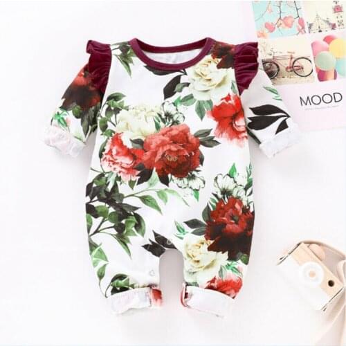Newborn Baby Girl Clothes Long Sleeve Flower Printing Jumpsuit Overall Outfit Set